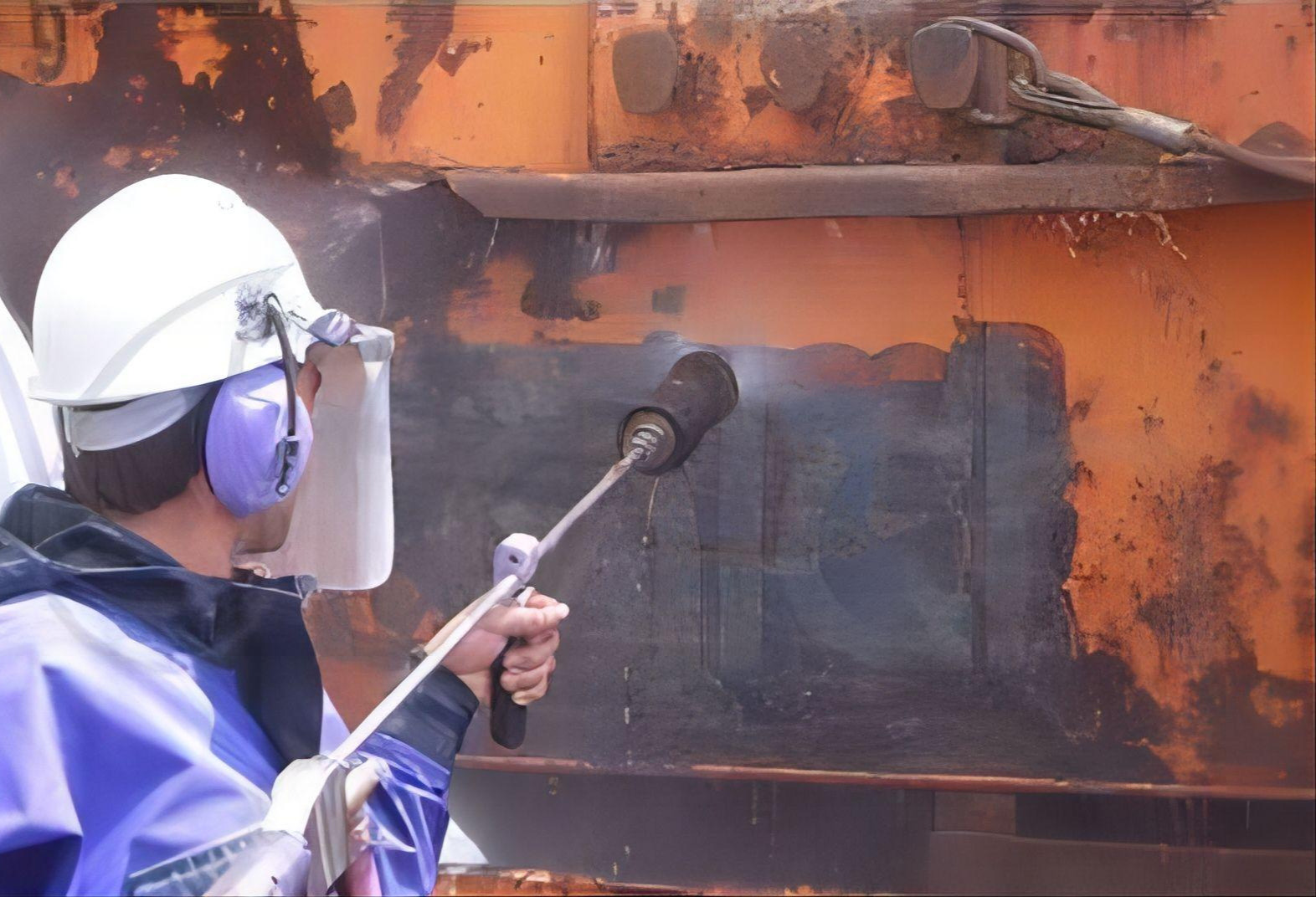 Công nhân xử lý bề mặt thép bị rỉ sét Công nhân xử lý bề mặt thép bị rỉ sét